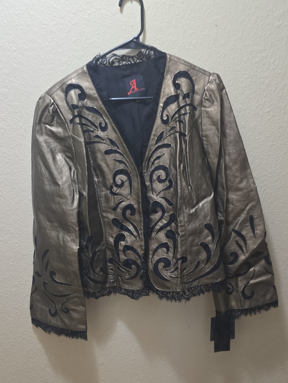 NWT Adrienne Landau Metallic Bronze Pleather Jacket with Black Embroidery